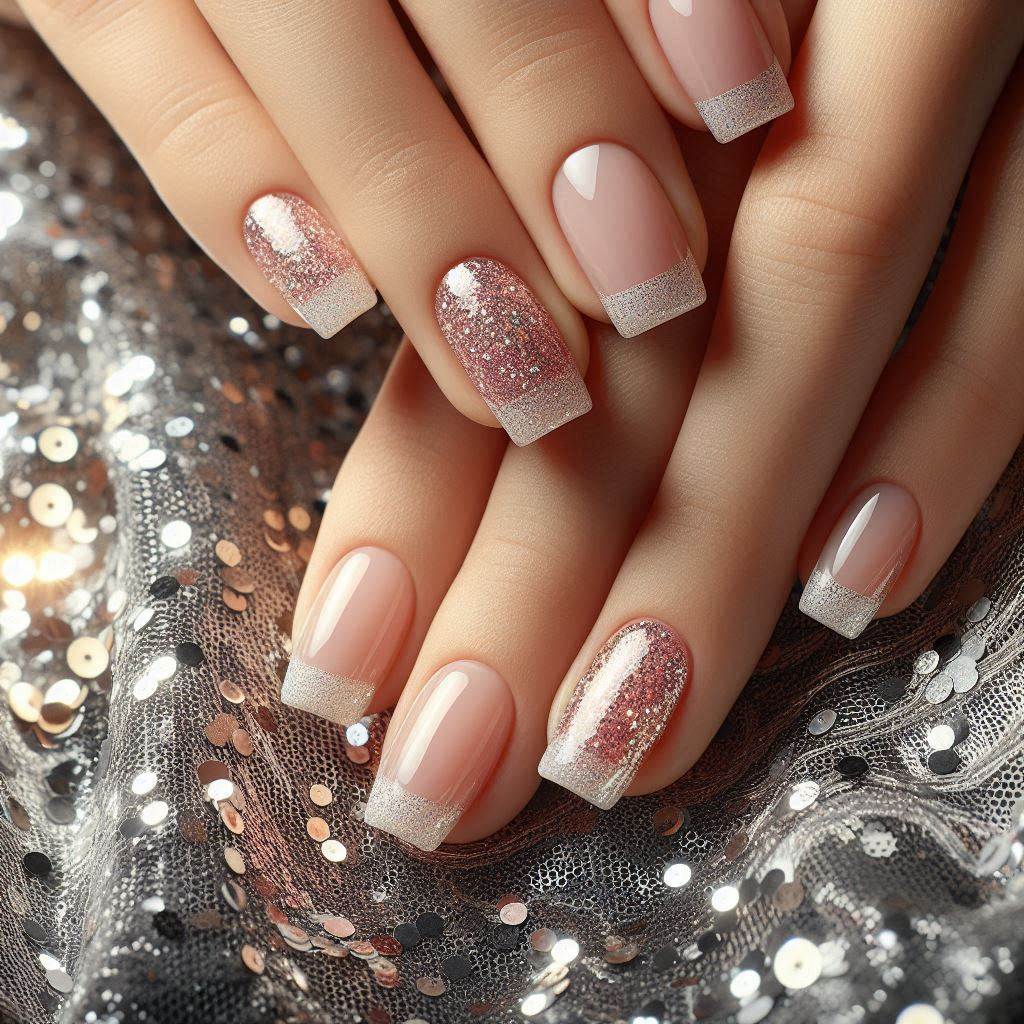 Short French Tip Gel Nails with Glitter