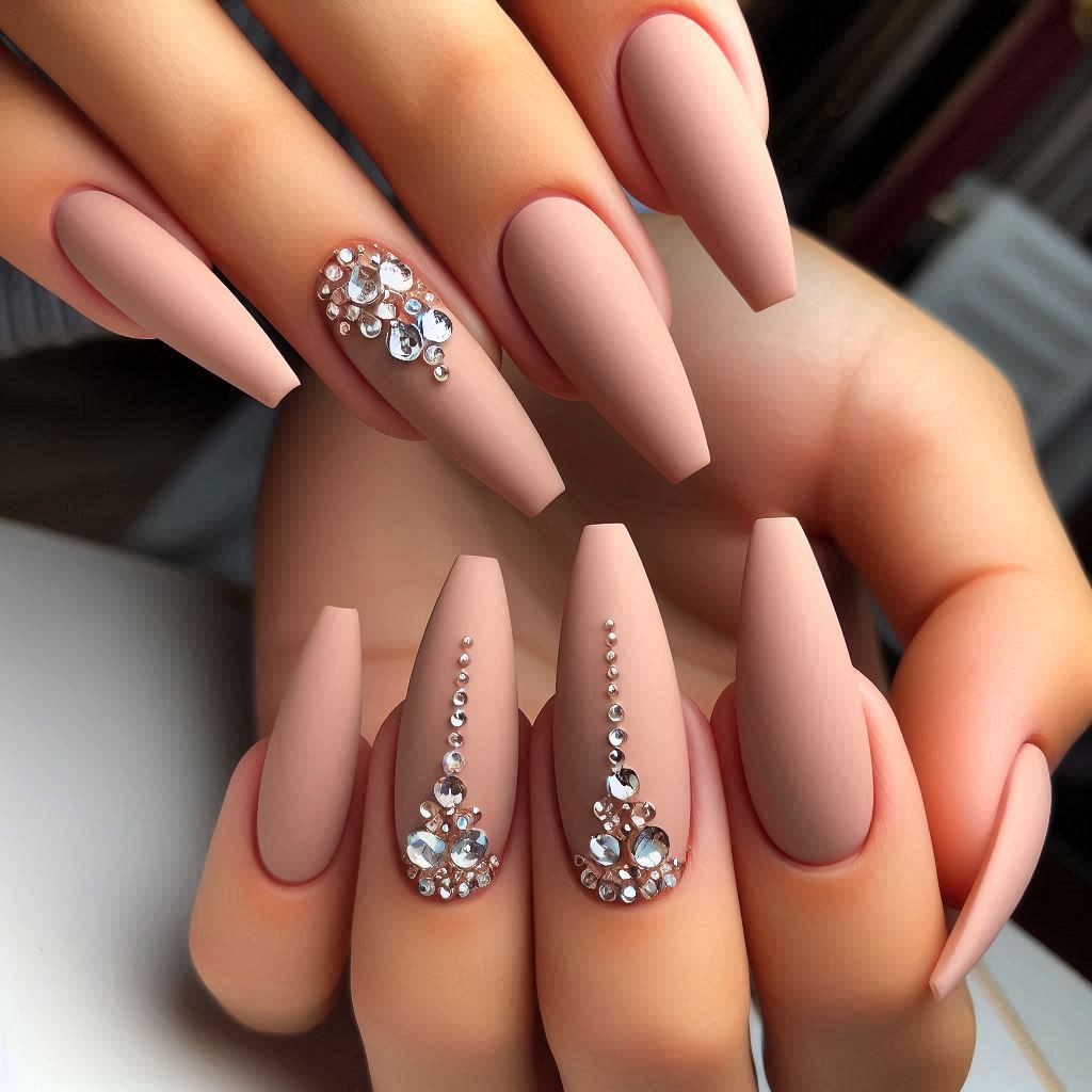 Nude Coffin Nails with Rhinestones 