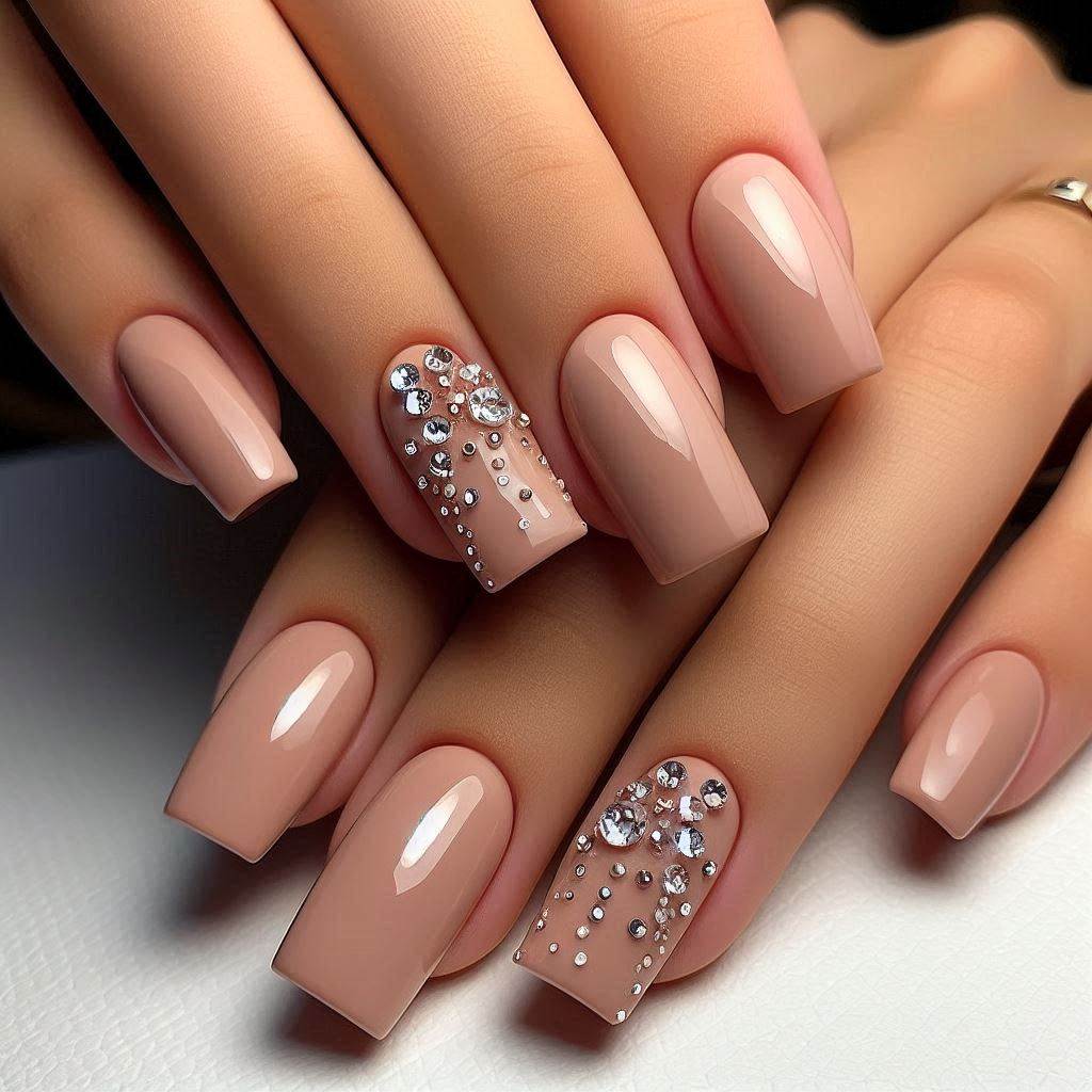 Elegant Nude Short Square Acrylic Nails with Bling