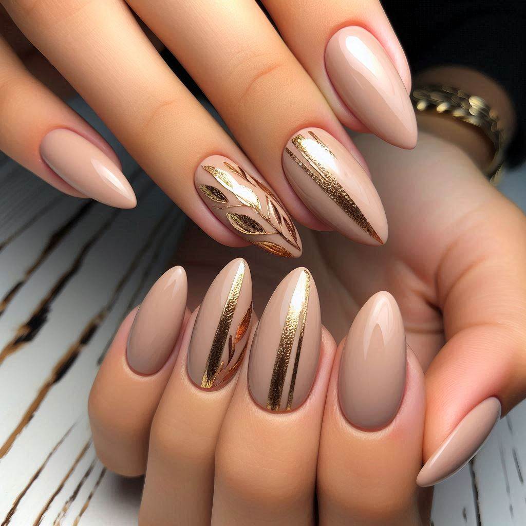 Nude and Gold Almond Nails 