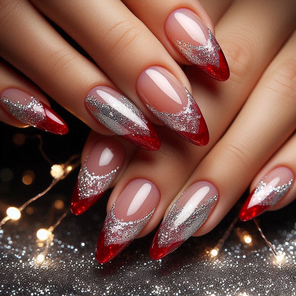 Red French Tip Nails with Silver Glitter for a Festive Look