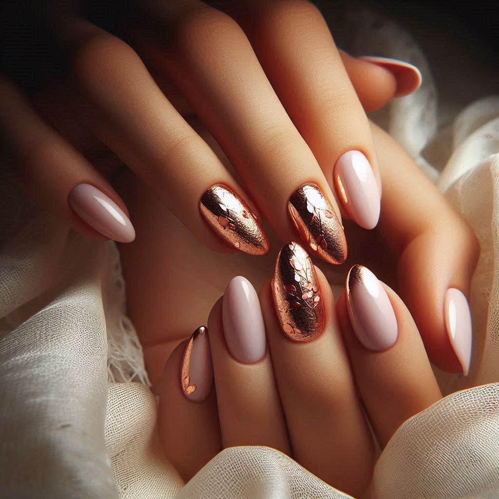  Milky Pink Almond Nails with Rose Gold Accents