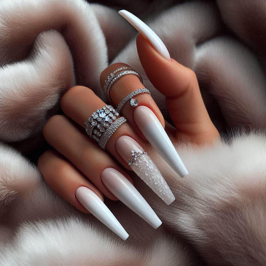 Coffin White Nails with Rhinestones