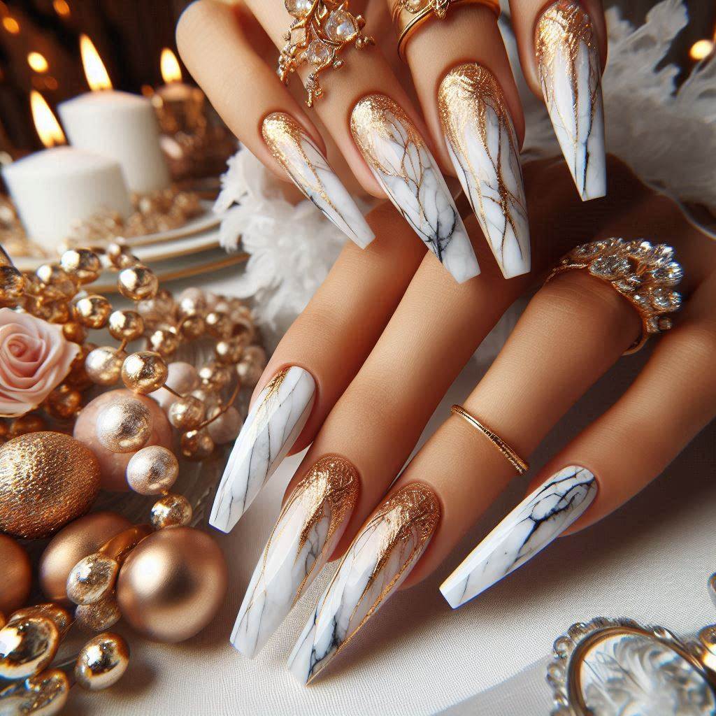 Gold Foil Marble White Nails 