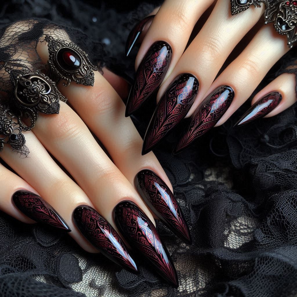 Gothic Black and Red Coffin Nails