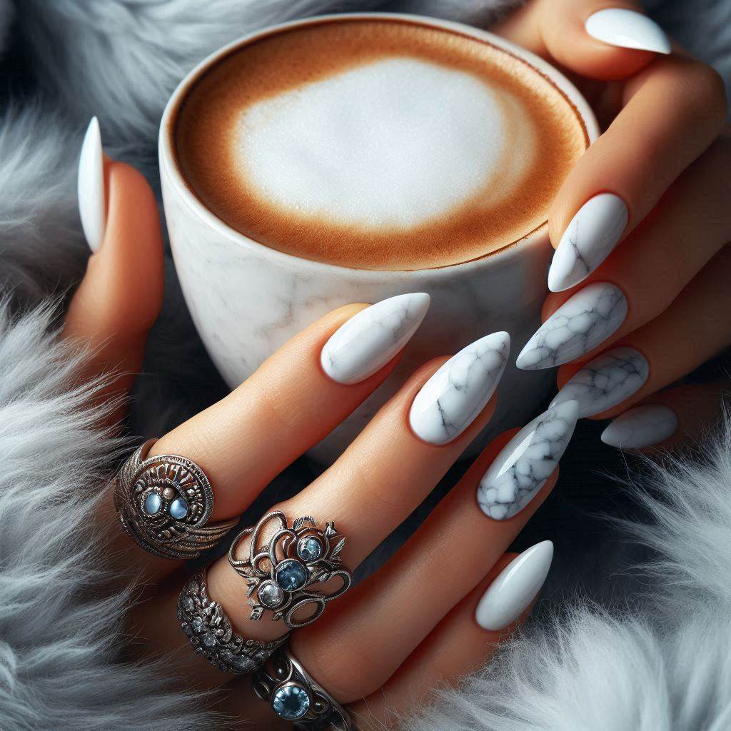 White Marble Almond Nails