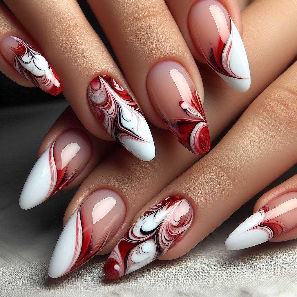 Red French Tip Nails with Marble Art for a Luxe Appeal