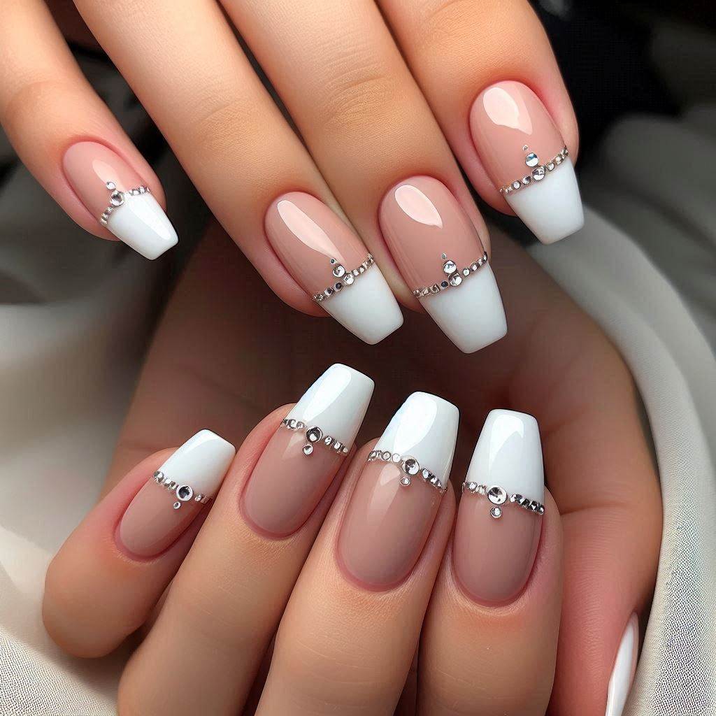 White French Nails with Bling for a Chic and Minimalist Look