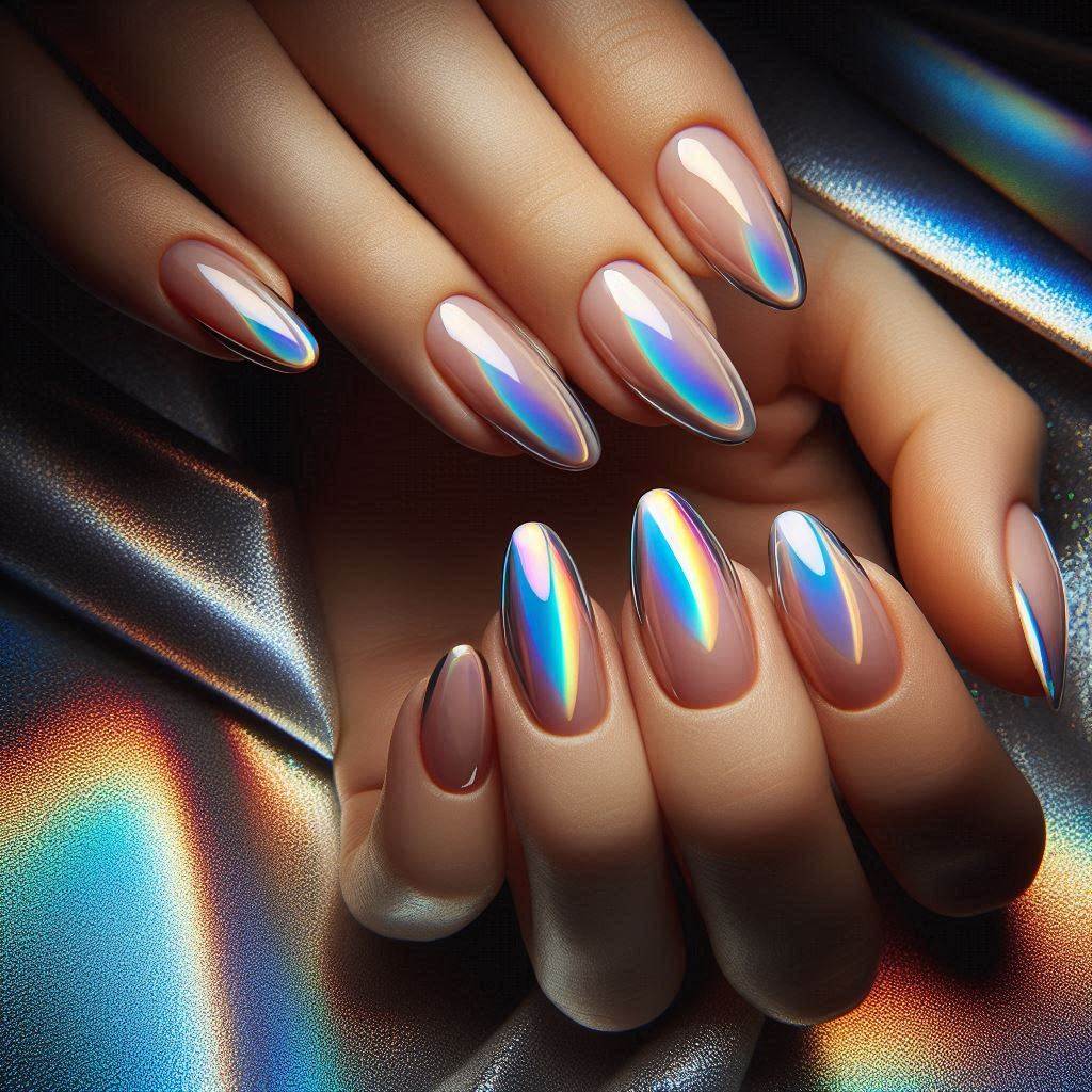 Holographic Short Almond Nails French Tip