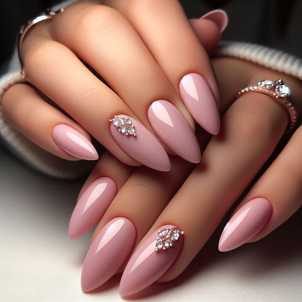 Milky Pink Almond Nails with Diamond Accents