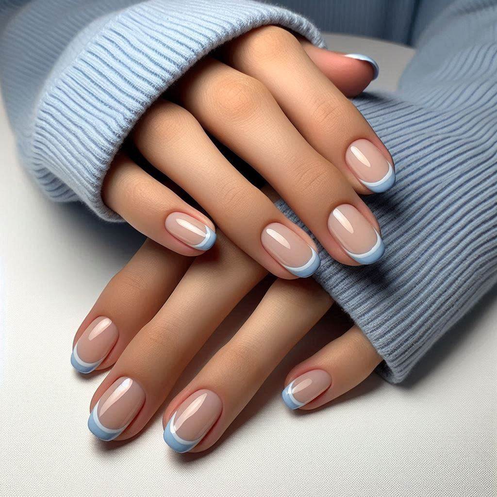 Short Blue Nails French Tip