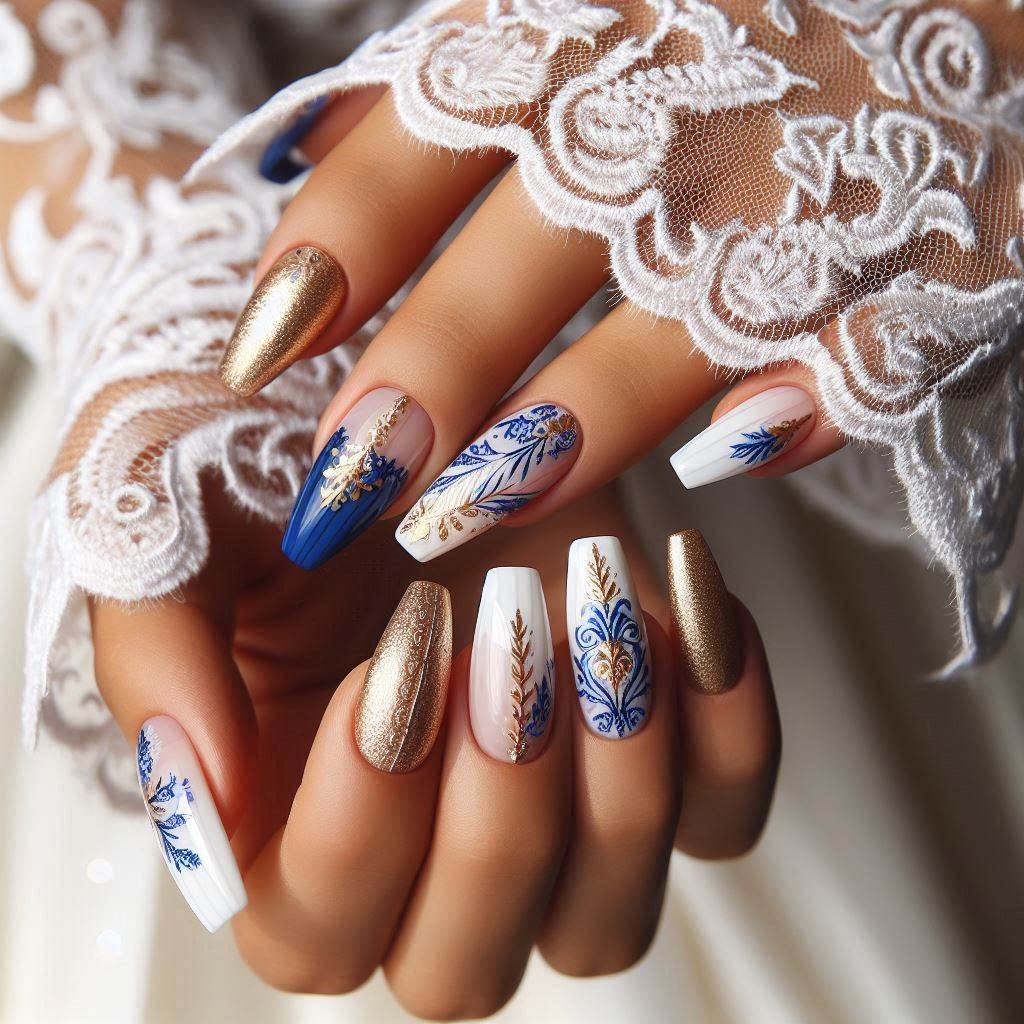 Royal Blue and White Gold Luxury Nails