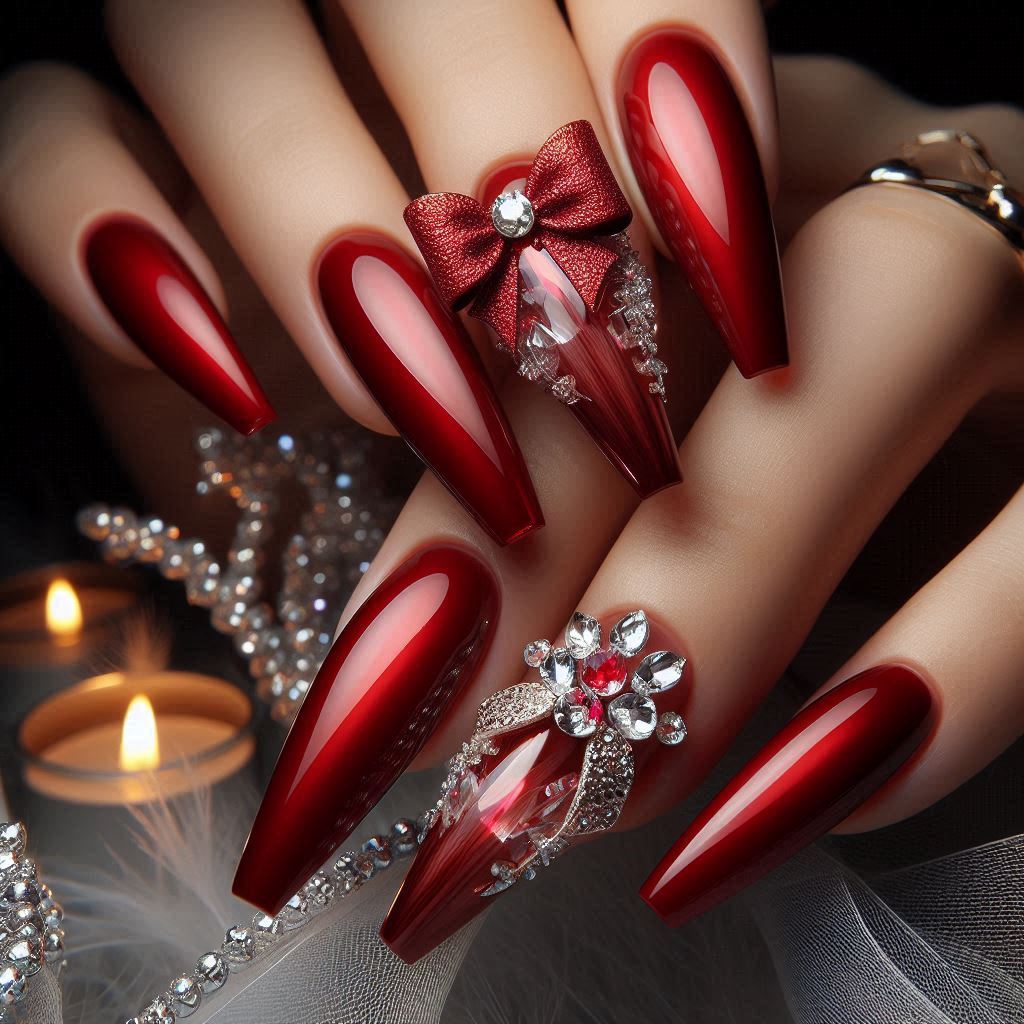 Coffin-Shaped Red Nails with Rhinestone Bow