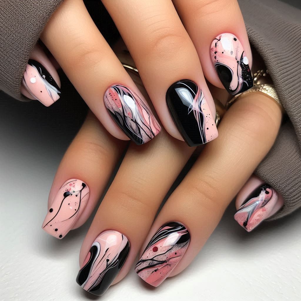 Pink and Black Abstract Art Nails