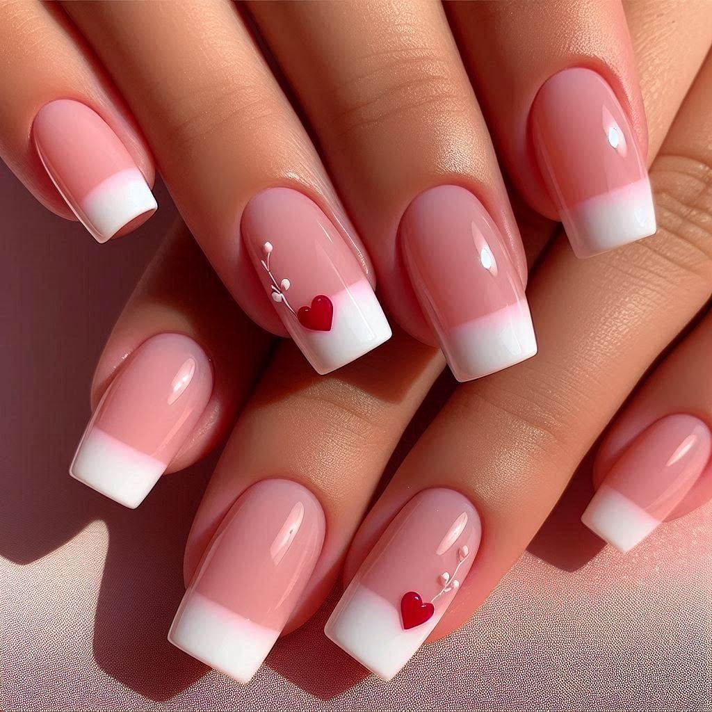 French Tip Nails Short with Heart Designs for a Romantic Look