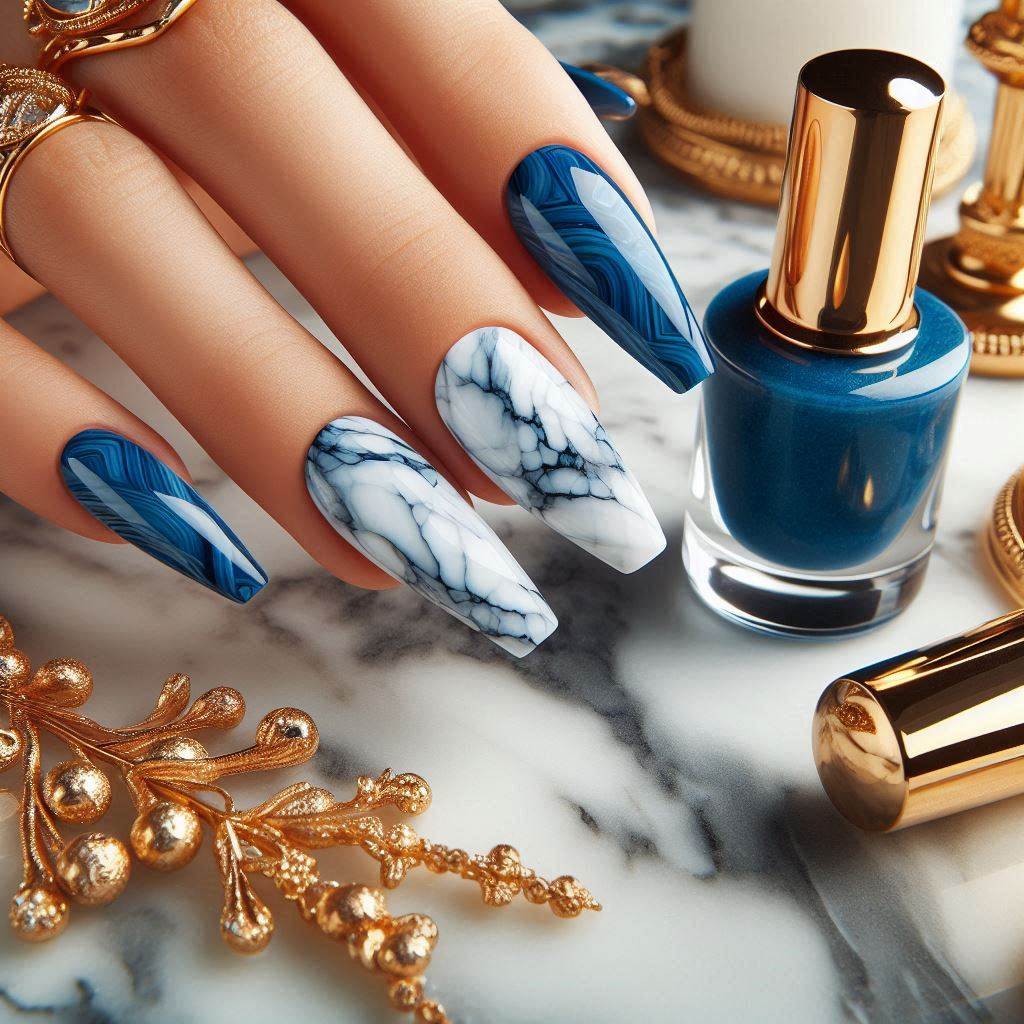 Royal Blue Marble Acrylic Nails for an Elegant Look