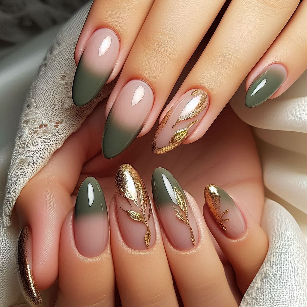 Olive Green & Gold Foil French Tips