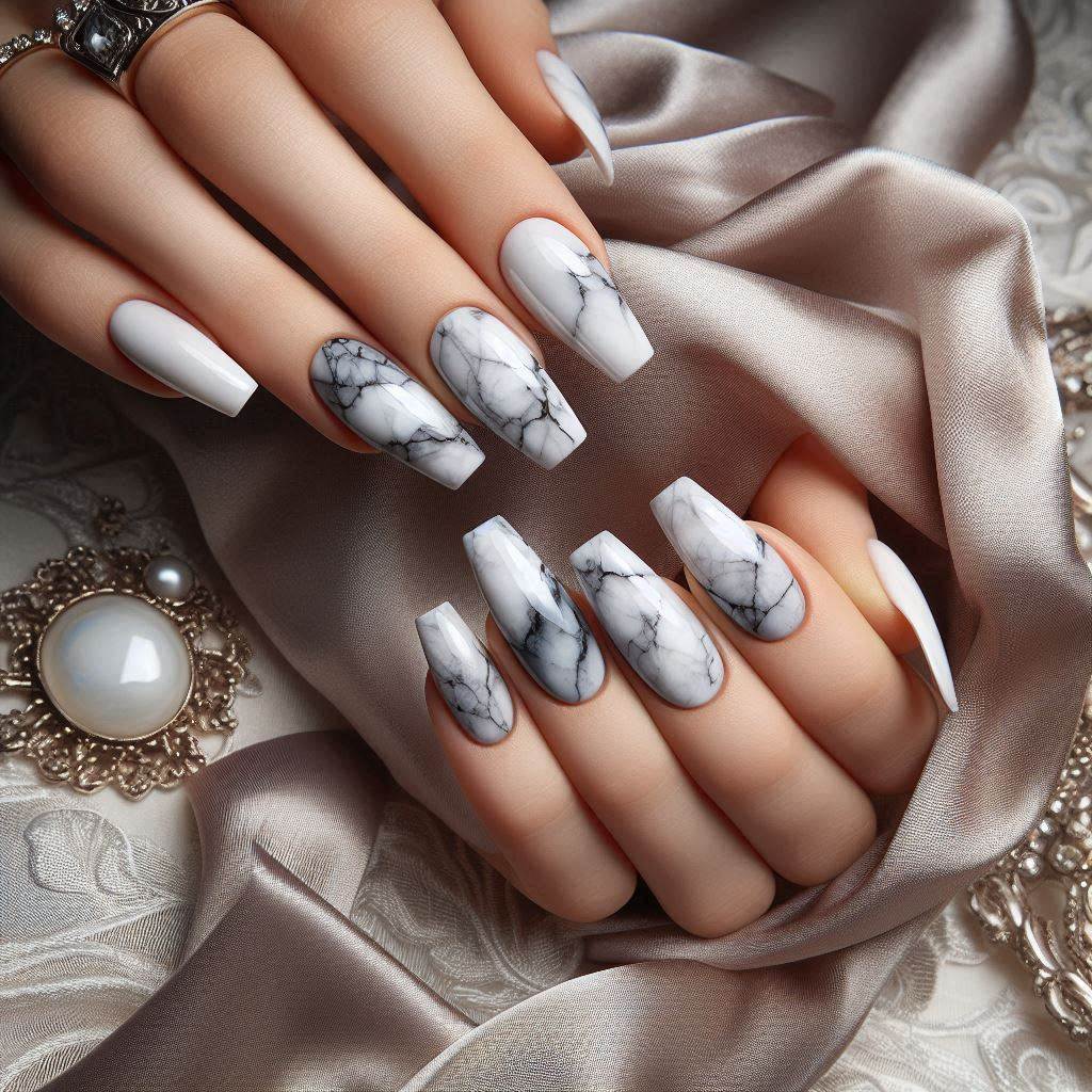 Marble Effect Short Coffin Acrylic Nails