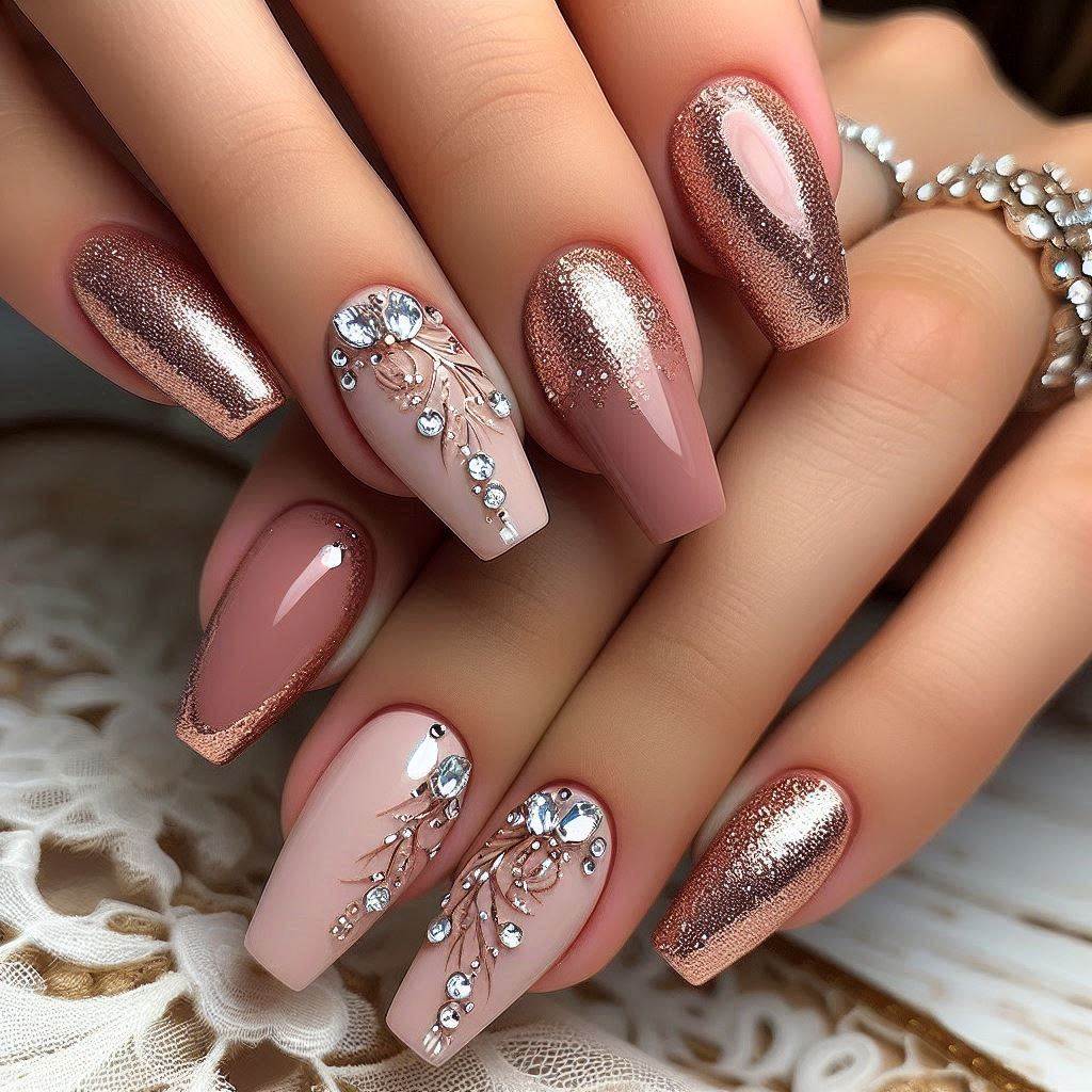  Rose Gold Bling Acrylic Nails Short