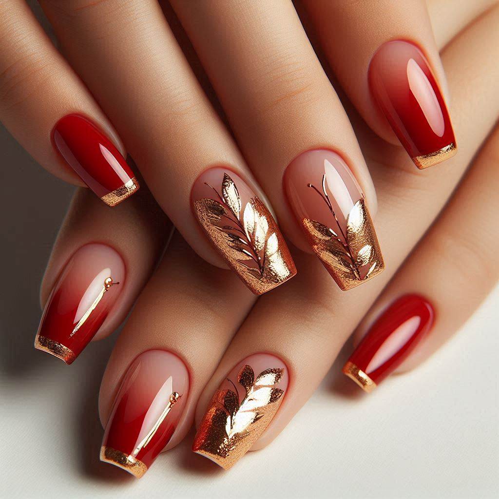 Red French Tip Nails with Gold Accents