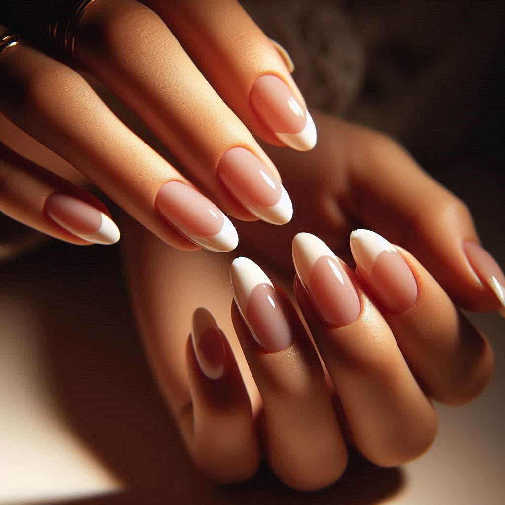 Milky Pink Almond Nails with Classic French Tips