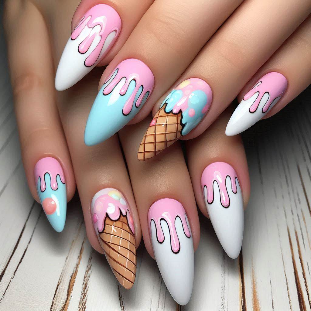 Ice Cream Drip Almond Nails