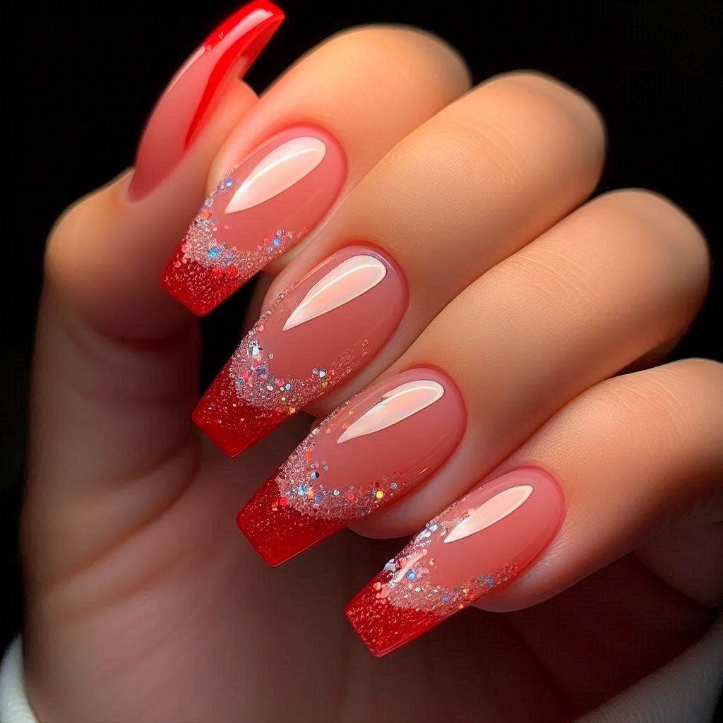 Red French Tip Nails Coffin Short Glitter