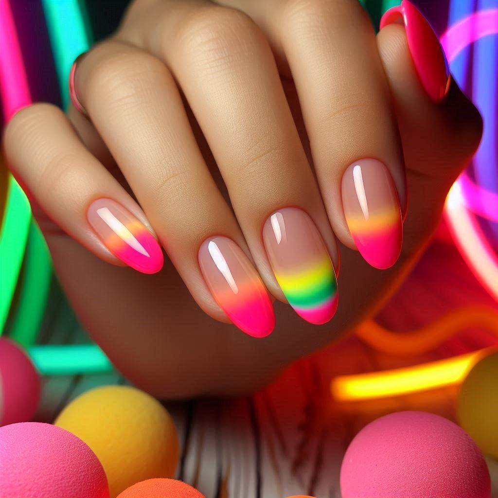 Neon Short Almond Nails French Tip