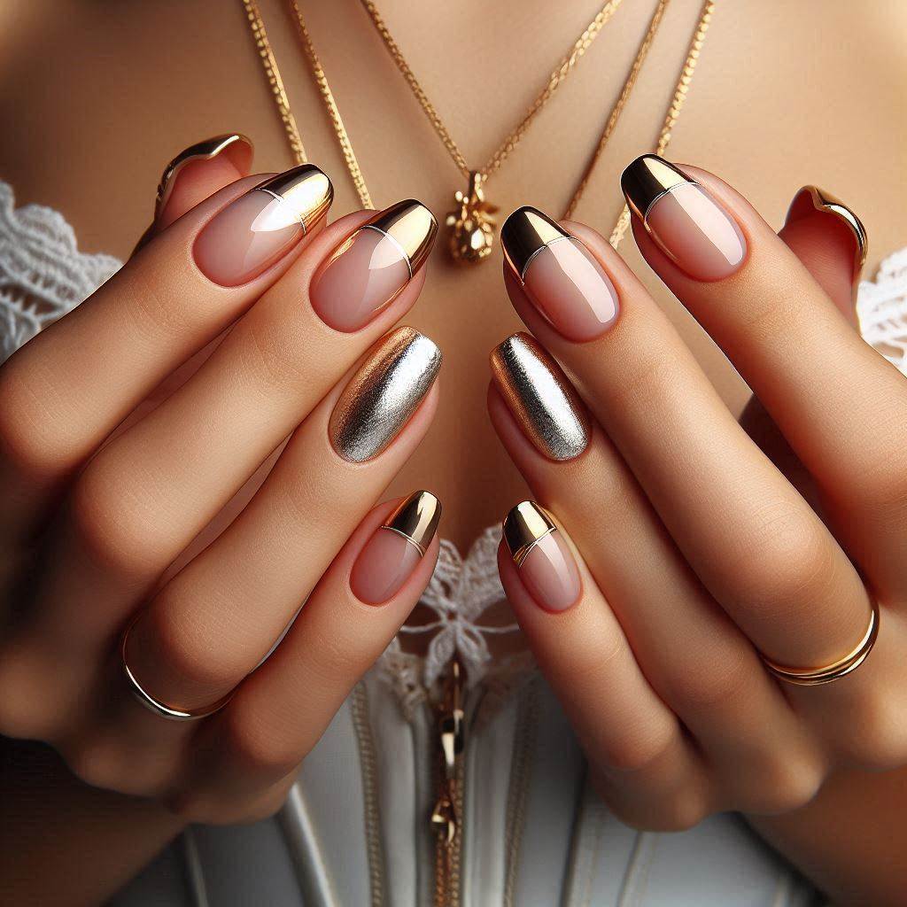 Short French Nails with Gold Tips