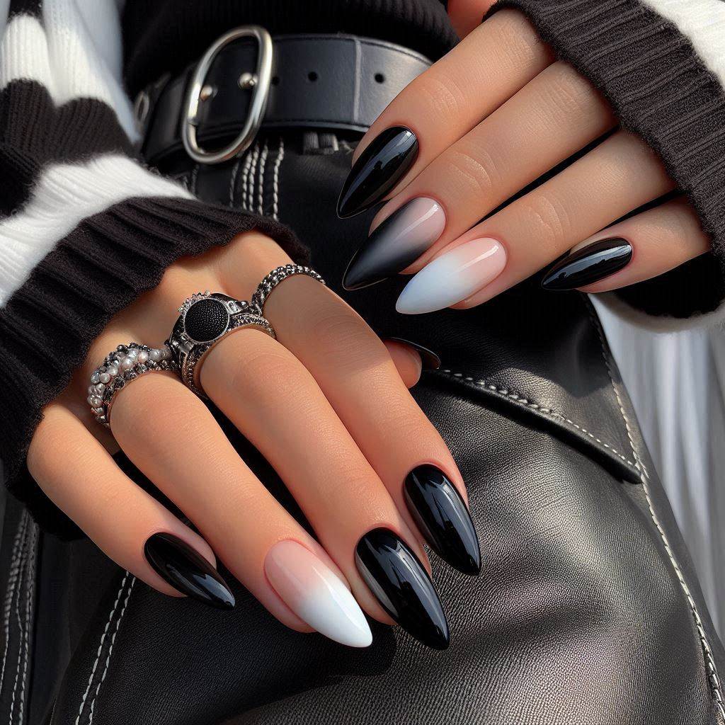  Black and White Ombre Nails Almond for a Chic Edge