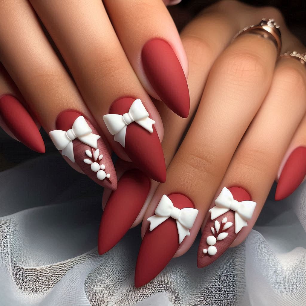 Matte Red Nails with 3D Bow Art