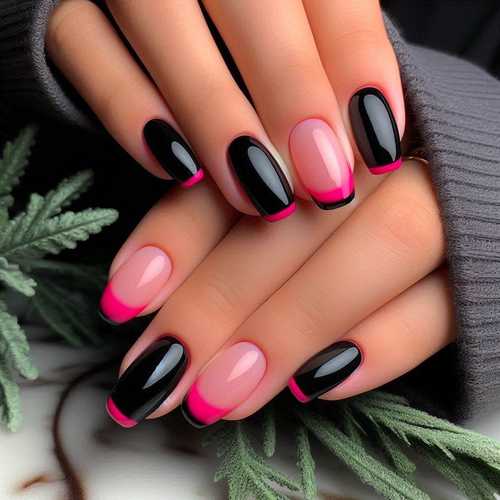 Polished Black Nails with Pink Tips