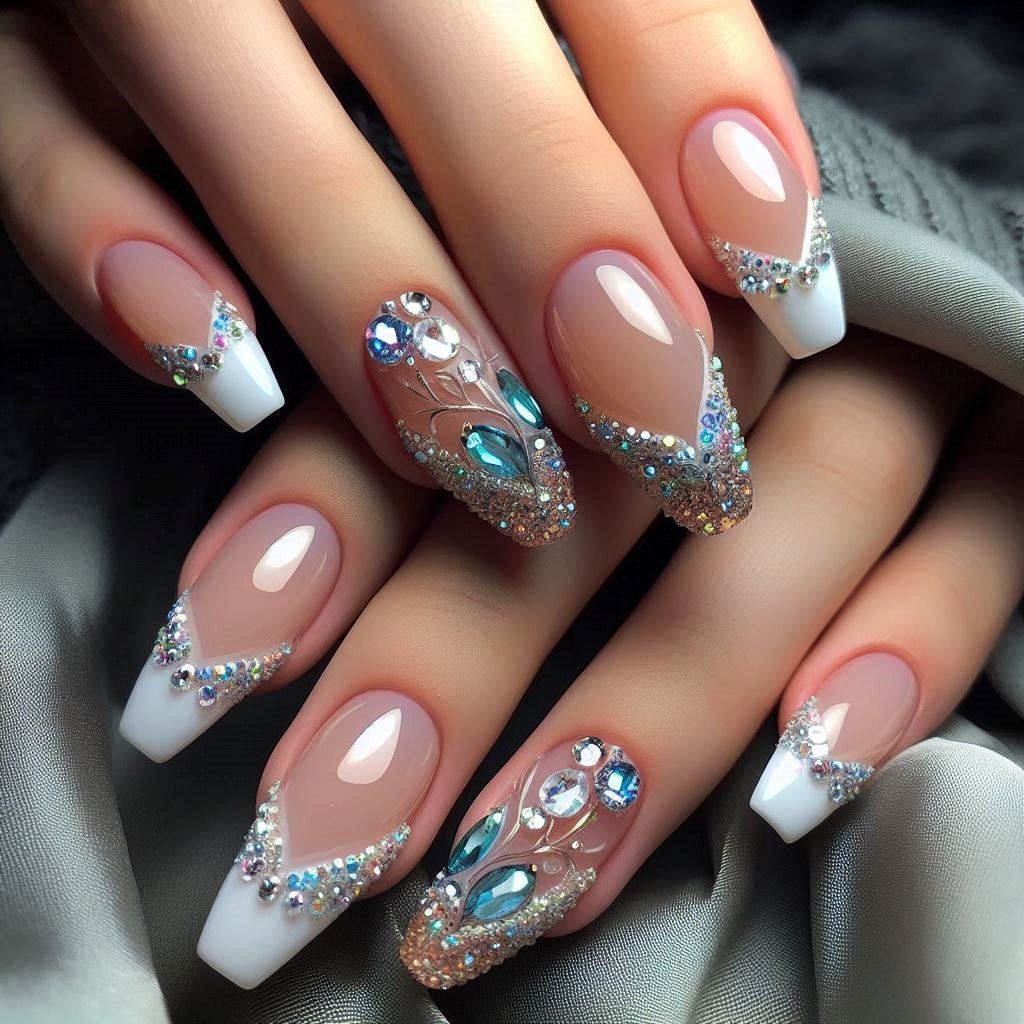 Short French Tip Acrylic Nails with Bling