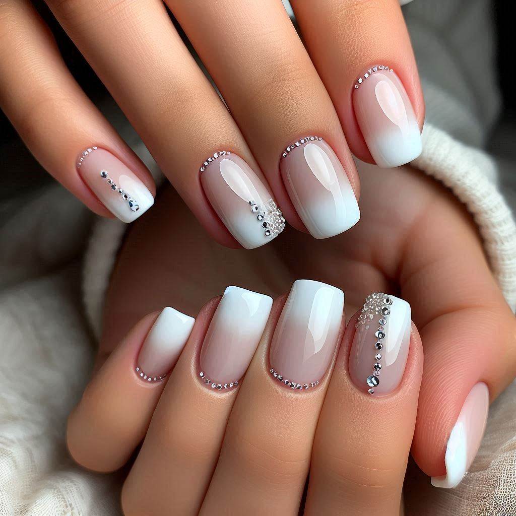 Short French Tip Nails with Bling for a Practical Yet Stylish Look