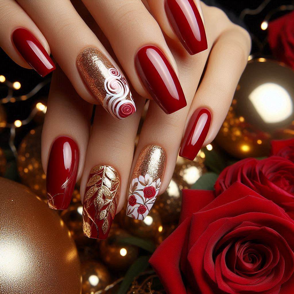 Bold Red, Gold, and White Birthday Nails