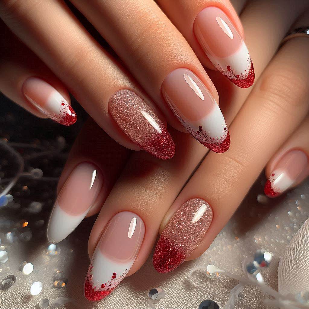 Red Glitter French Tip Nails for a Sparkling Touch