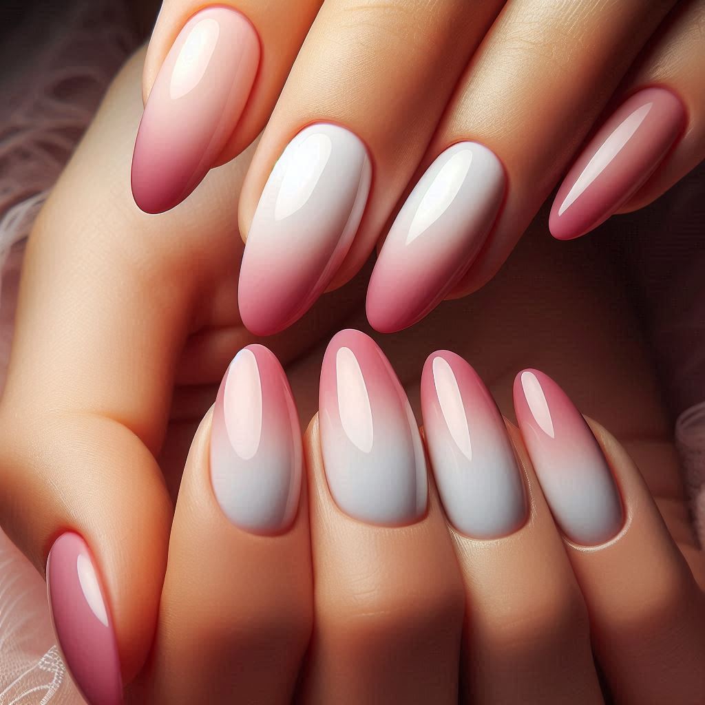 Classic Almond Shape Pink and White Ombre Nails