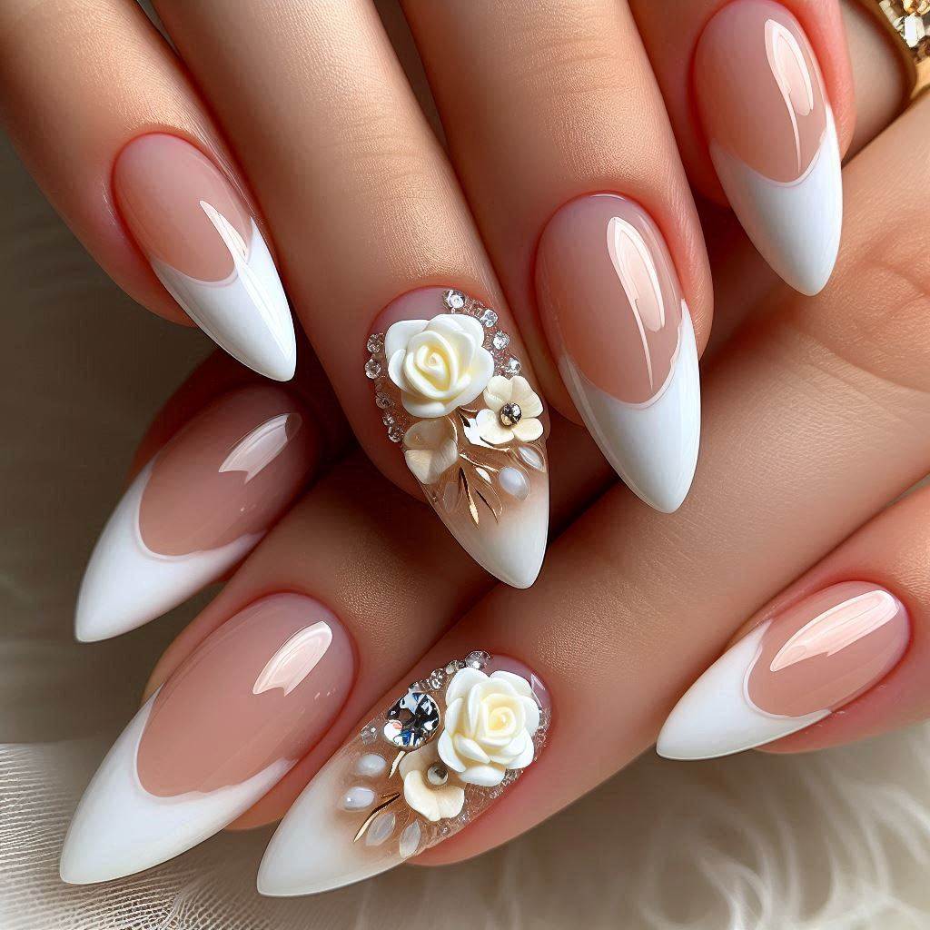 Classic White French Tip Almond 3D Nails