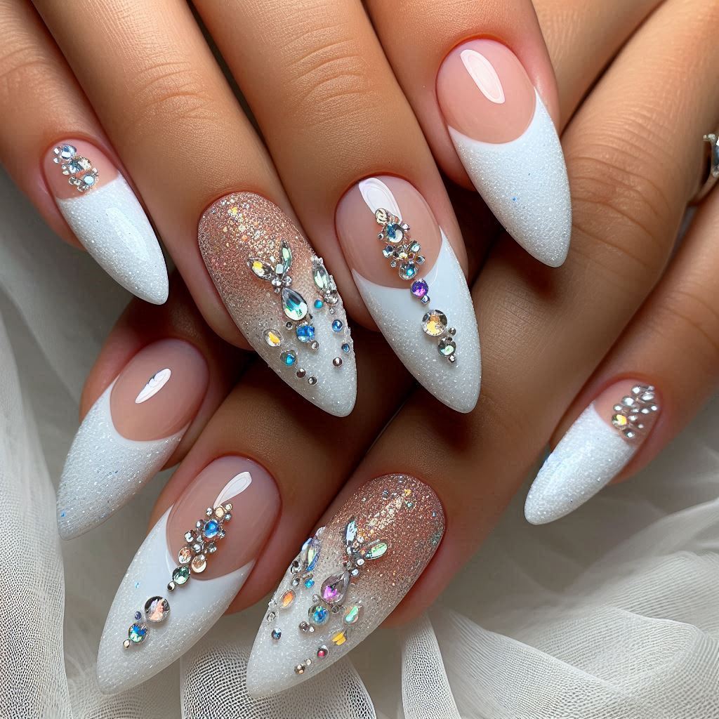 Glittery 3D French Tip Nails Almond 