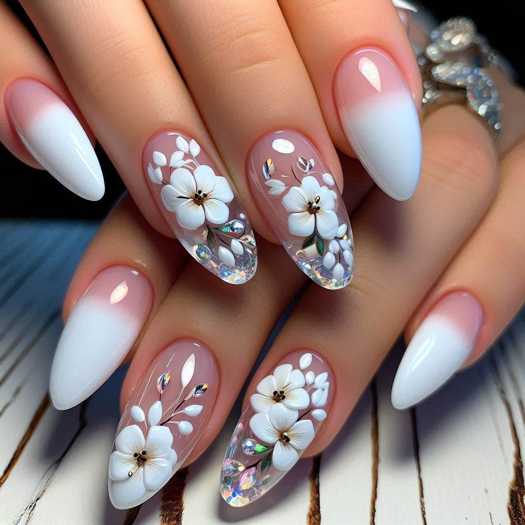 White French Tip Nails with 3D Gel Almond