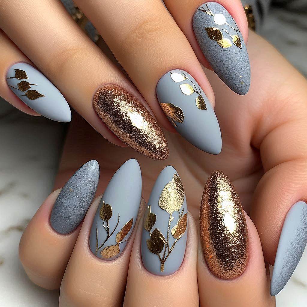 Girly Acrylic Nails Grey and Gold