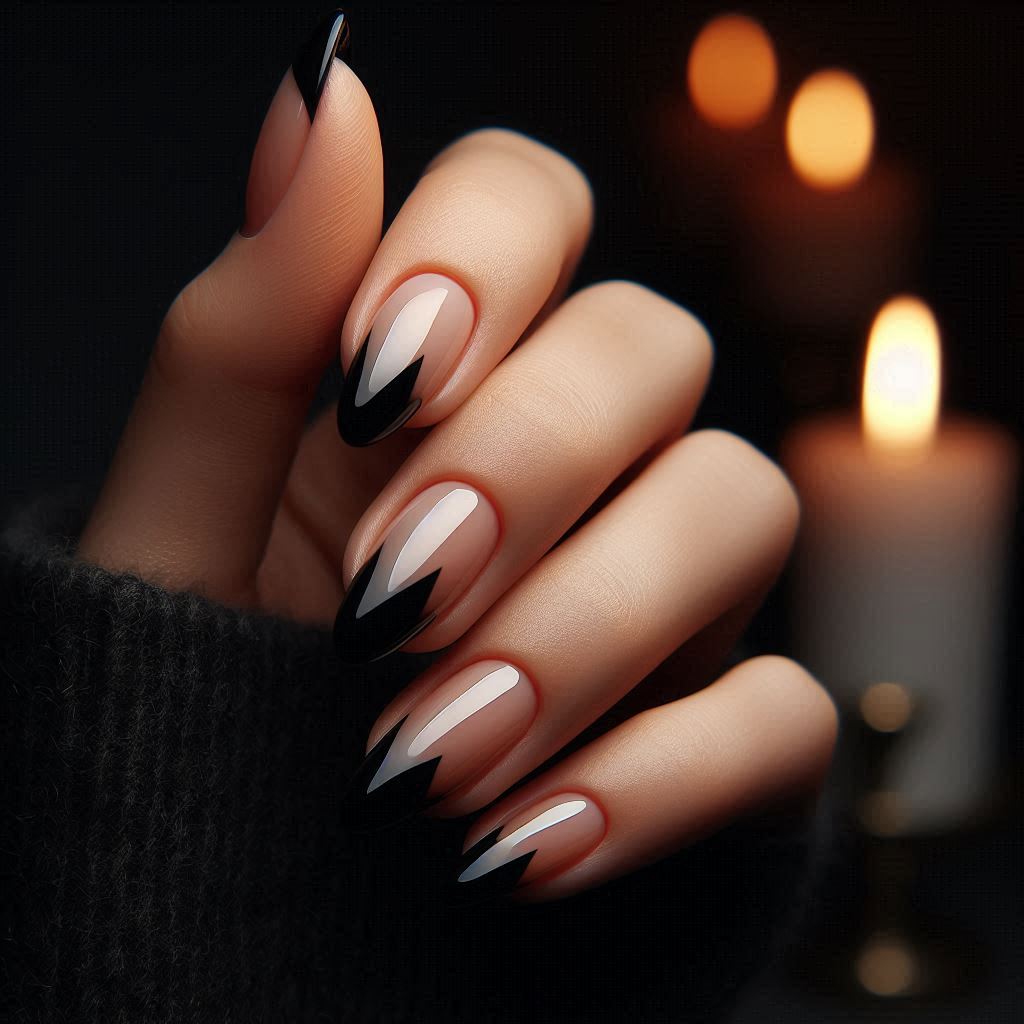 Black Short Almond Nails French Tip