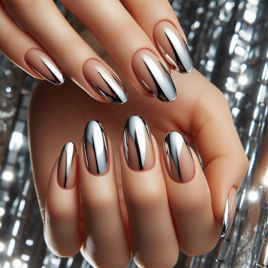 Chrome Short Almond Nails French Tip