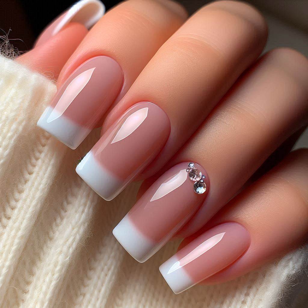 Classic Short French Tip Acrylic Nails with Bling