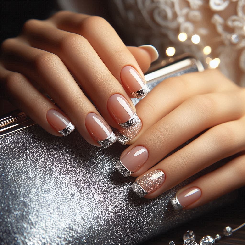 French Tip Gel Nails with Silver Accents