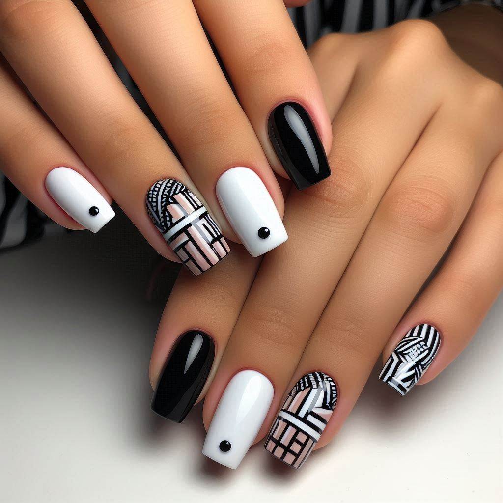 Gel Nails Short Square with Geometric Designs