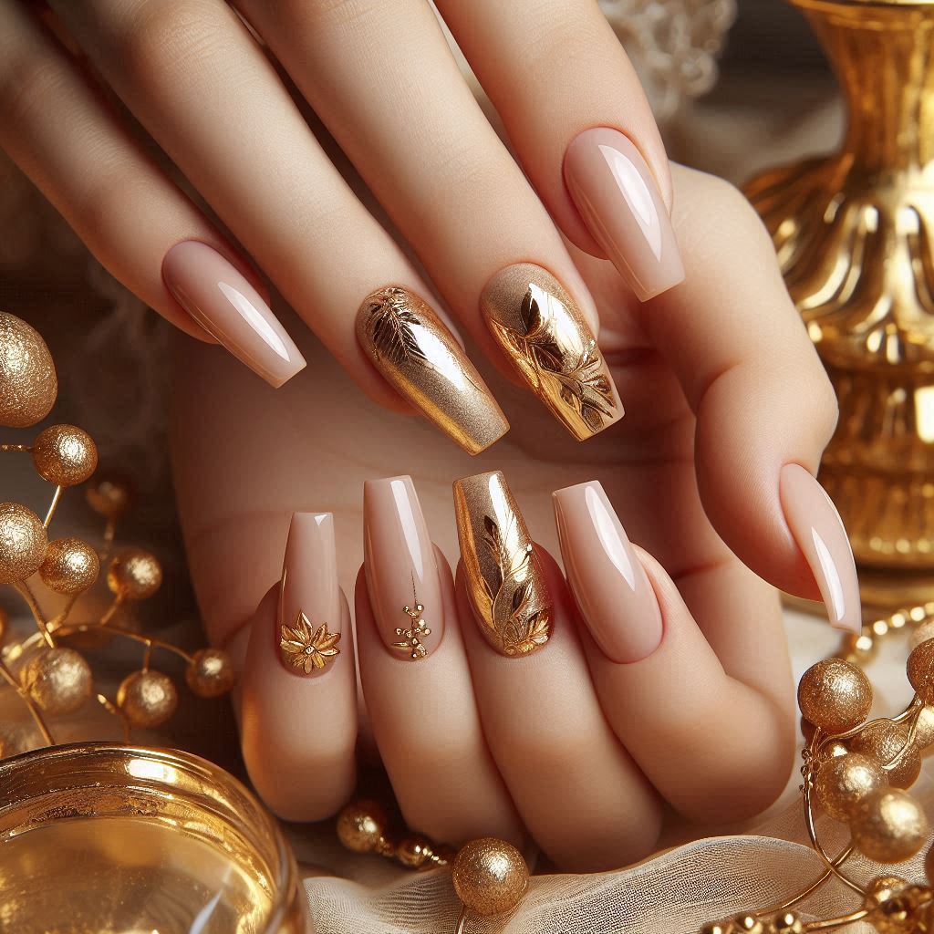 Nude and Gold Short Coffin Acrylic Nails