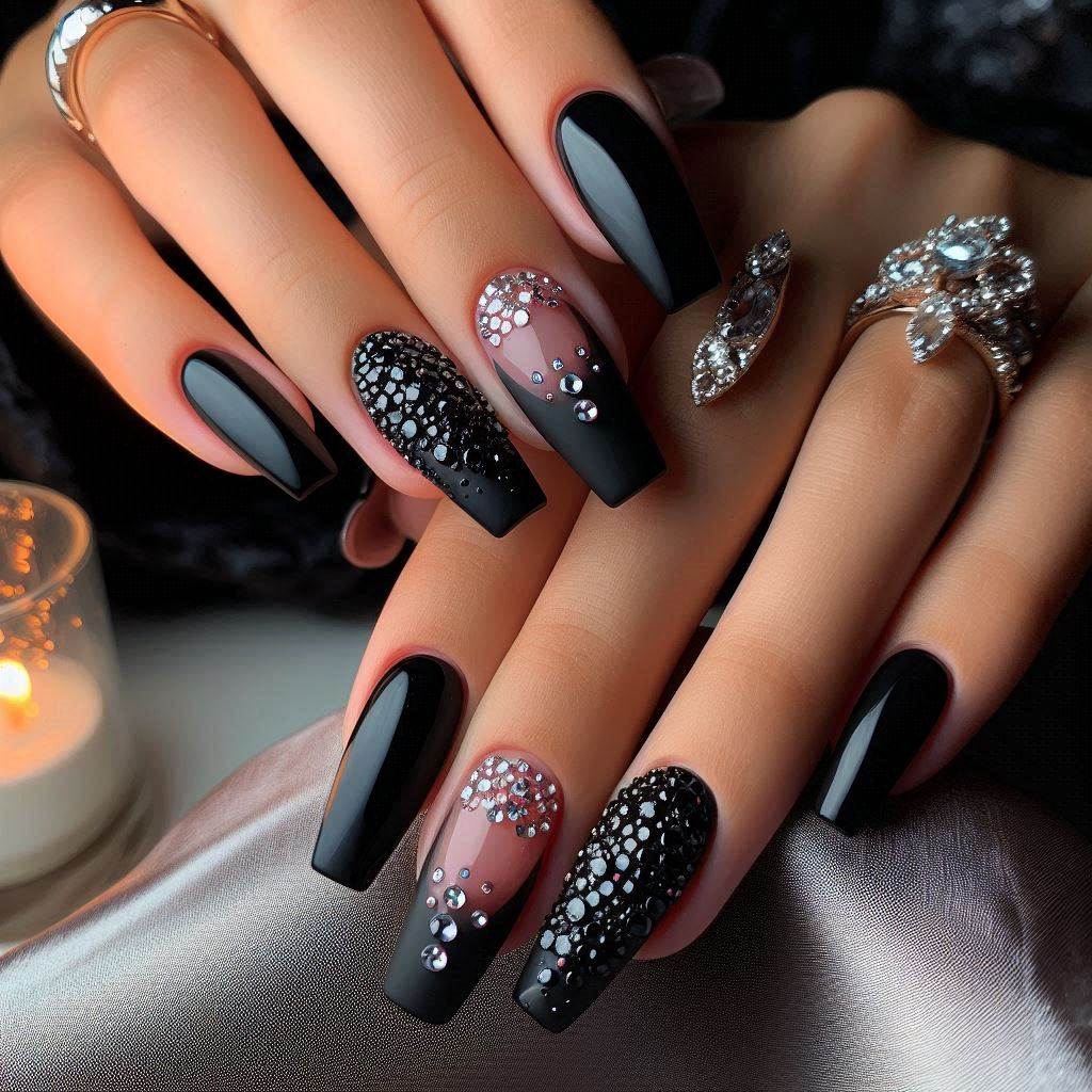 Black Bling Acrylic Nails Short