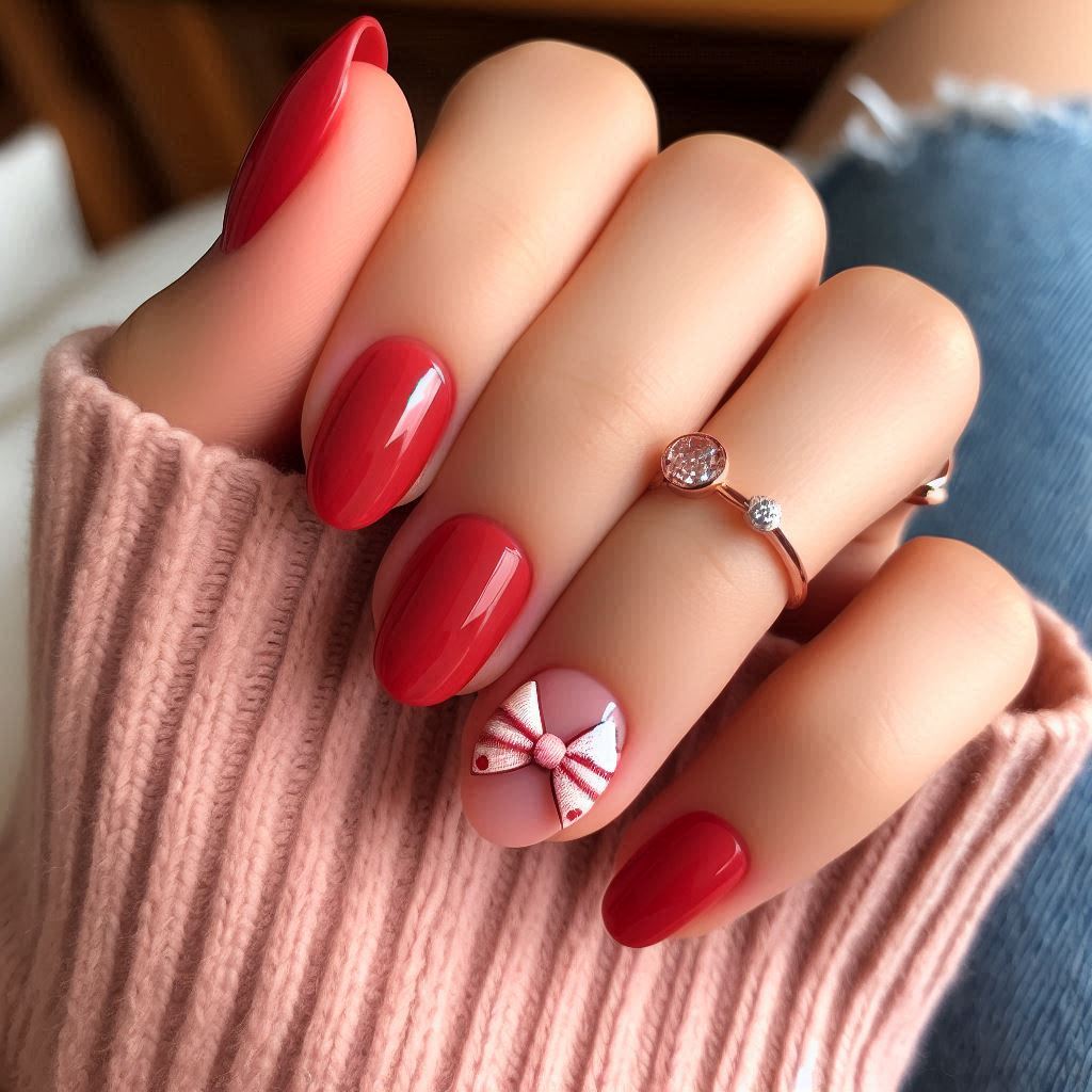 Short Red Nails with Simple Bow Sticker