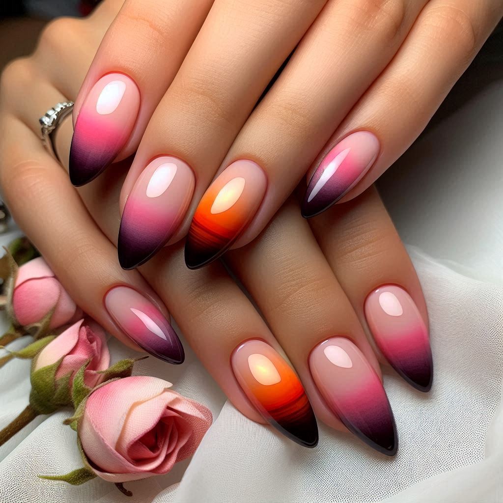 Sunset Ombre Almond Nails